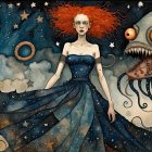 Stylized fantasy women in elaborate dark dresses under a full moon