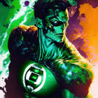 Muscular superhero with green skin and lantern emblem in cosmic scene