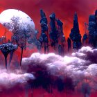 Fantasy Landscape with Blue and Pink Trees, White Orbs, and Red Sky