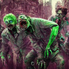 Dystopian city scene with green-haired zombies in decay