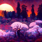 Enchanted forest digital art: Glowing mushrooms, mist, setting sun