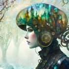 Female figure with elaborate steampunk headgear in profile view