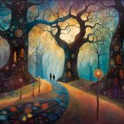 Colorful painting of mystical forest with glowing path and silhouetted figures