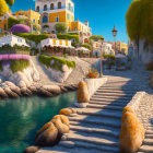 Colorful seaside village with cobblestone paths and blue waters