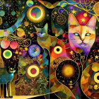 Vibrant Surrealist Artwork: Two Cats in Celestial Setting