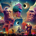 Surreal landscape with colossal statues, floating rocks, temples, and multiple moons