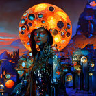 Blue-skinned figure in futuristic attire with floating orbs against mountain backdrop