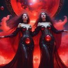 Enchanting Figures in Black Leather Amid Cosmic Backdrop