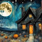 Starry Night Scene with Full Moon, Enchanting House, and Colorful Orbs