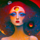 Fiery red-haired woman with celestial body makeup in surreal cosmic portrait