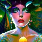 Colorful portrait of a woman in striking makeup and attire under surreal lighting