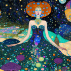 Cosmic-themed illustration of two women in celestial attire surrounded by planets and stars