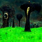 Fantasy landscape with oversized mushroom-like trees and luminous green field