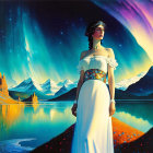 Woman in white dress by serene lake with aurora colors