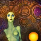 Vibrant cosmic painting featuring woman merging with starry space and planets