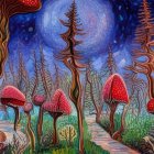 Colorful Fantasy Forest with Oversized Mushrooms and Glowing Orbs