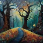 Vibrant painting of whimsical forest path under moonlit sky