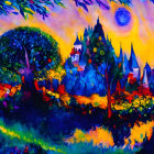 Colorful fantasy landscape with castle, orbs, stone path, and arch doorway