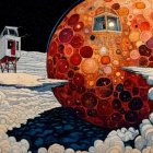 Colorful Mosaic Space Art with Planet, Moon, and Rocket