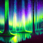 Northern Lights illuminate forest, lake, and starry sky