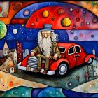 Colorful artwork: Pensive man on classic car with geometric patterns