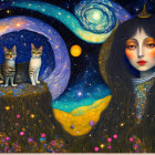 Whimsical painting of woman with starry complexion and cats in cosmic setting