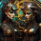 Two women in steampunk attire with intricate headgear among clocks and gears