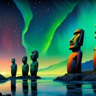 Easter Island Moai statues with aurora borealis and twilight reflection