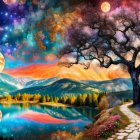 Fantastical landscape with starry sky, fiery nebula, purple trees, winding paths, glowing