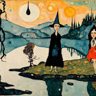 Three women in witch costumes by a lake in a Van Gogh-inspired landscape