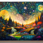 Fantastical landscape with starry sky, two moons, waterfall, and celestial glow