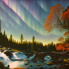 Tranquil night scene with waterfall, river, autumn trees, and aurora borealis