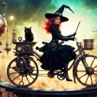 Whimsical woman on steampunk bicycle with purple cat amidst floating orbs