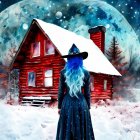 Blue-haired person in witch's hat by red house in snowy landscape