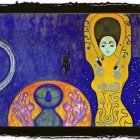 Stylized painting of woman with celestial elements and swirling patterns