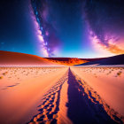 Sunset sky with Milky Way over sand dunes and footprints