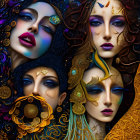 Collage of Four Faces with Dramatic Makeup and Ornate Accessories