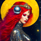 Vibrant red-haired woman in celestial attire with golden moons and stars.