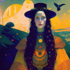 Mystical woman in wizard hat with celestial motifs and black cat in magical landscape.