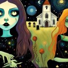 Stylized women with vibrant eyes in cosmic fantasy setting