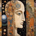 Profile of woman with mechanical and cosmic elements in vibrant colors