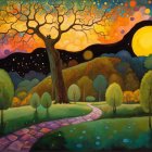 Colorful painting of whimsical tree, river, and moon in vibrant landscape