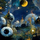 Fantasy night cityscape with towering spires and cosmic sky