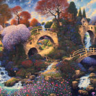 Scenic village with stone bridges, waterfalls, blooming trees, starry sky, and vibrant