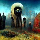 Colorful surreal landscape with large eye-like structure and fantastical shapes