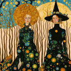 Three stylized women in a fantastical forest with swirling colors reminiscent of Gustav Klimt.