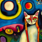 Colorful Painting of Stylized Cat in Surreal Landscape