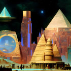 Futuristic cityscape with pyramids, UFO, portal, and starry sky