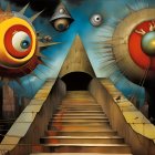 Surreal artwork: Staircase to vibrant cosmic scene with mechanical eyes