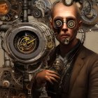 Man with mustache and round glasses in steampunk setting with pocket watch.